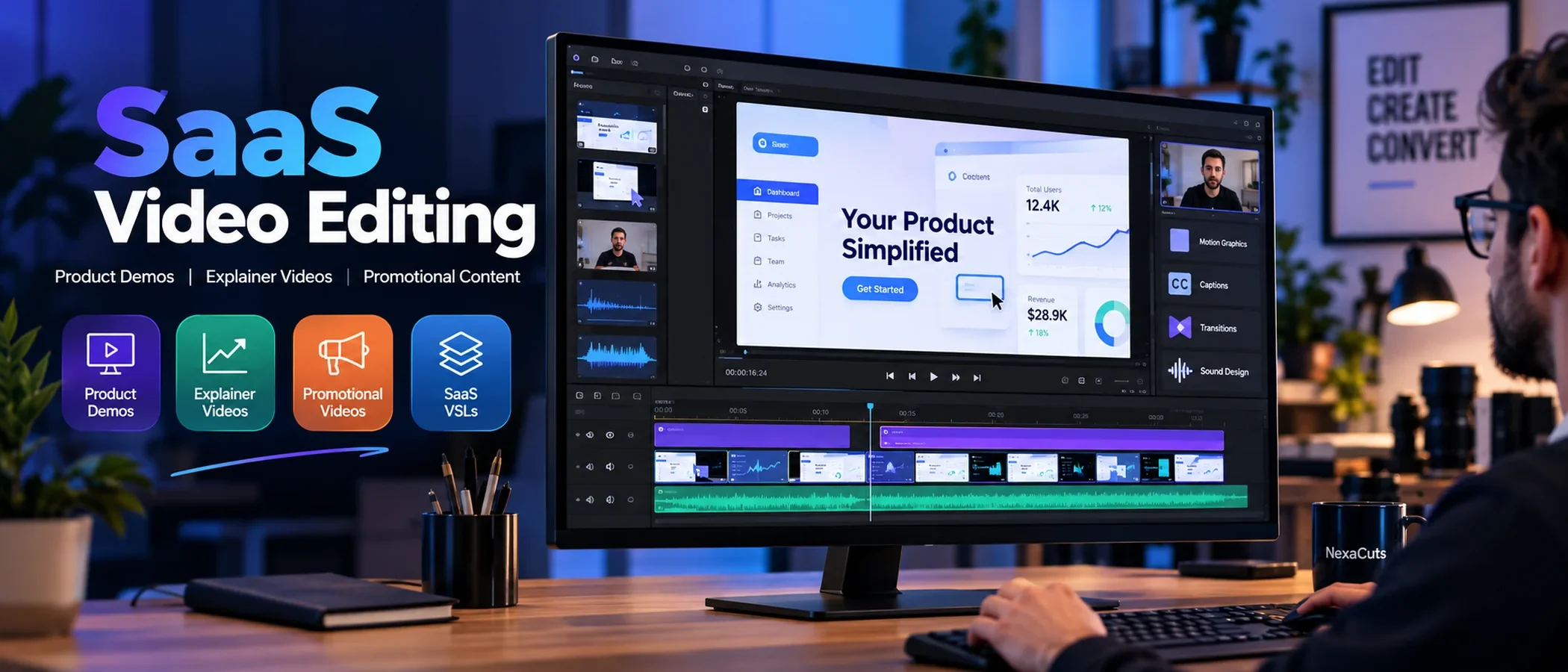 SaaS video editing workspace showing a software product dashboard, editing timeline, motion graphics, and a video editor at work.